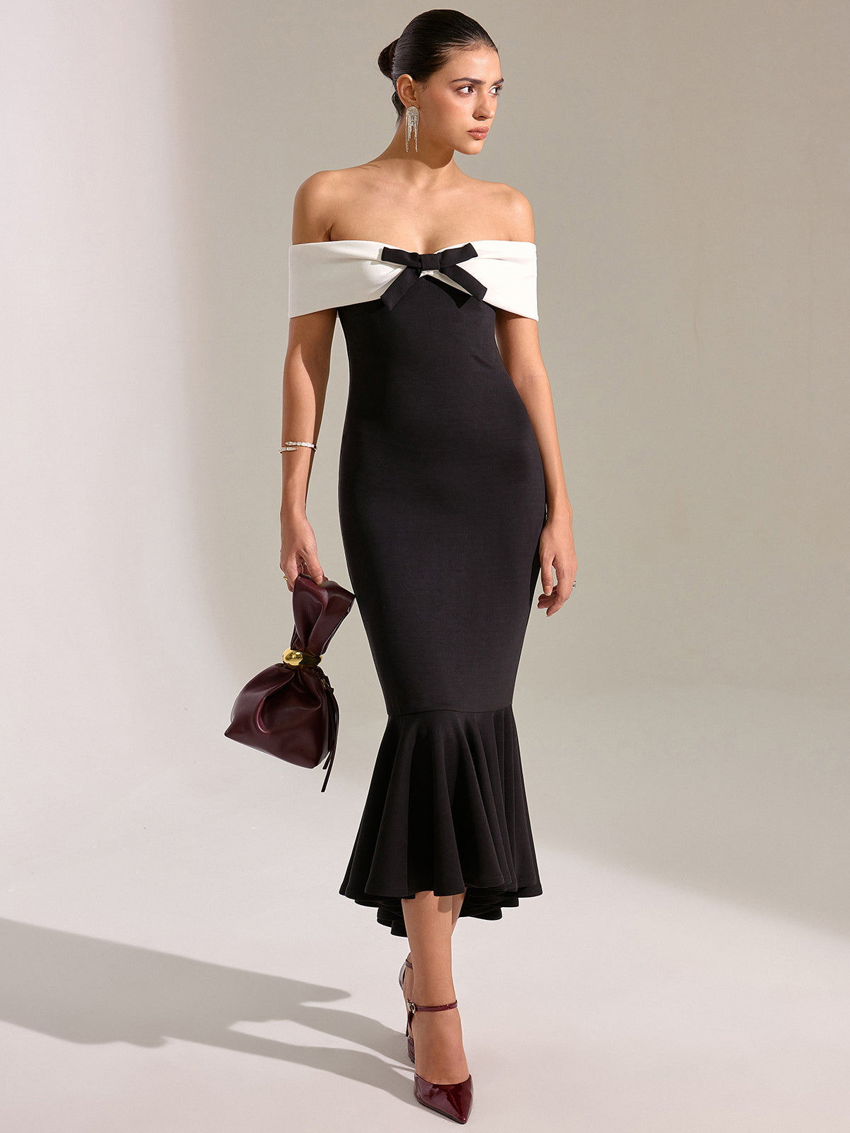 Bow Off-Shoulder Mermaid Midi Dress-Massicos