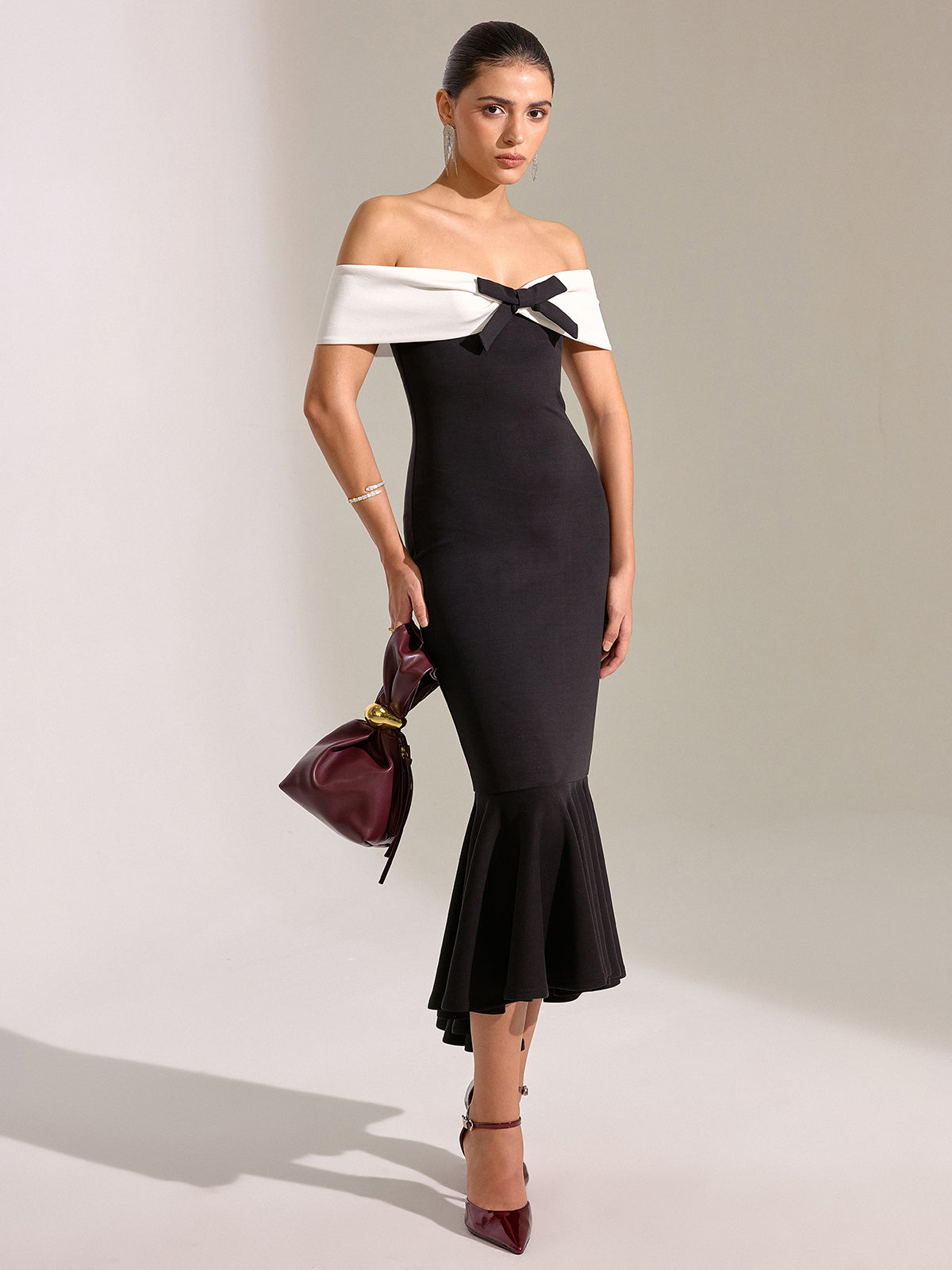 Bow Off-Shoulder Mermaid Midi Dress-Massicos