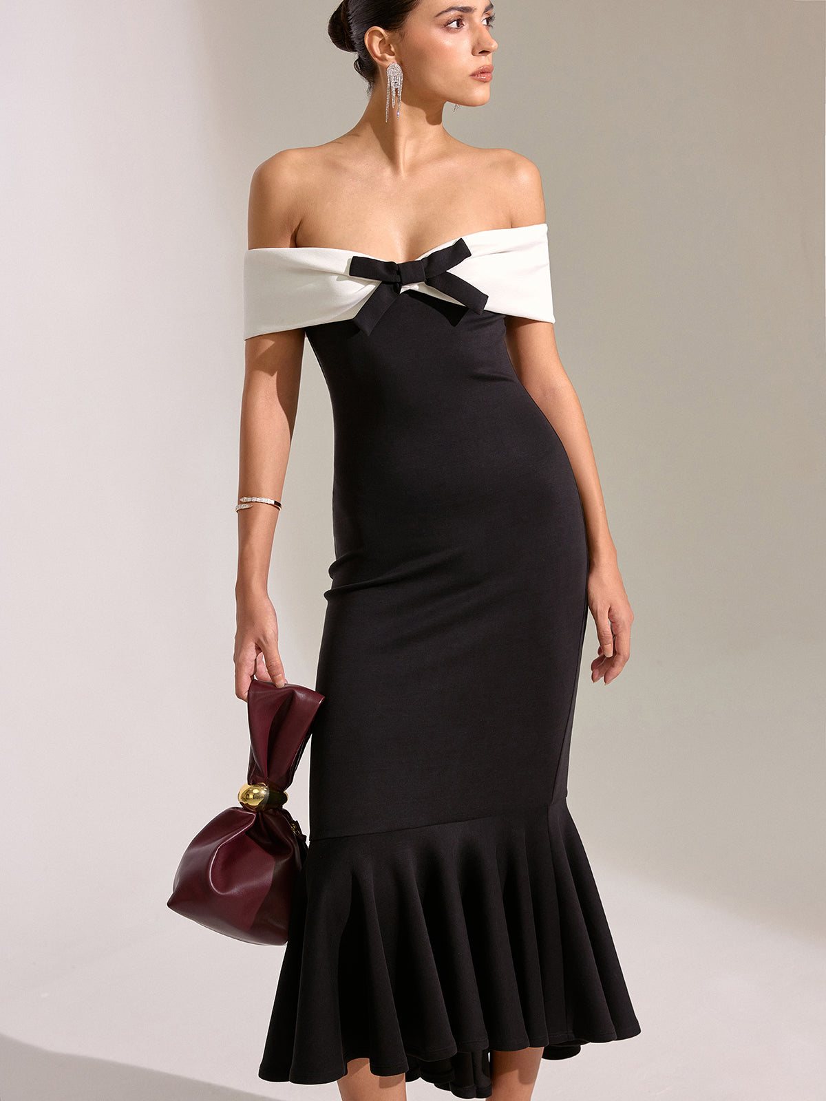 Bow Off-Shoulder Mermaid Midi Dress-Massicos
