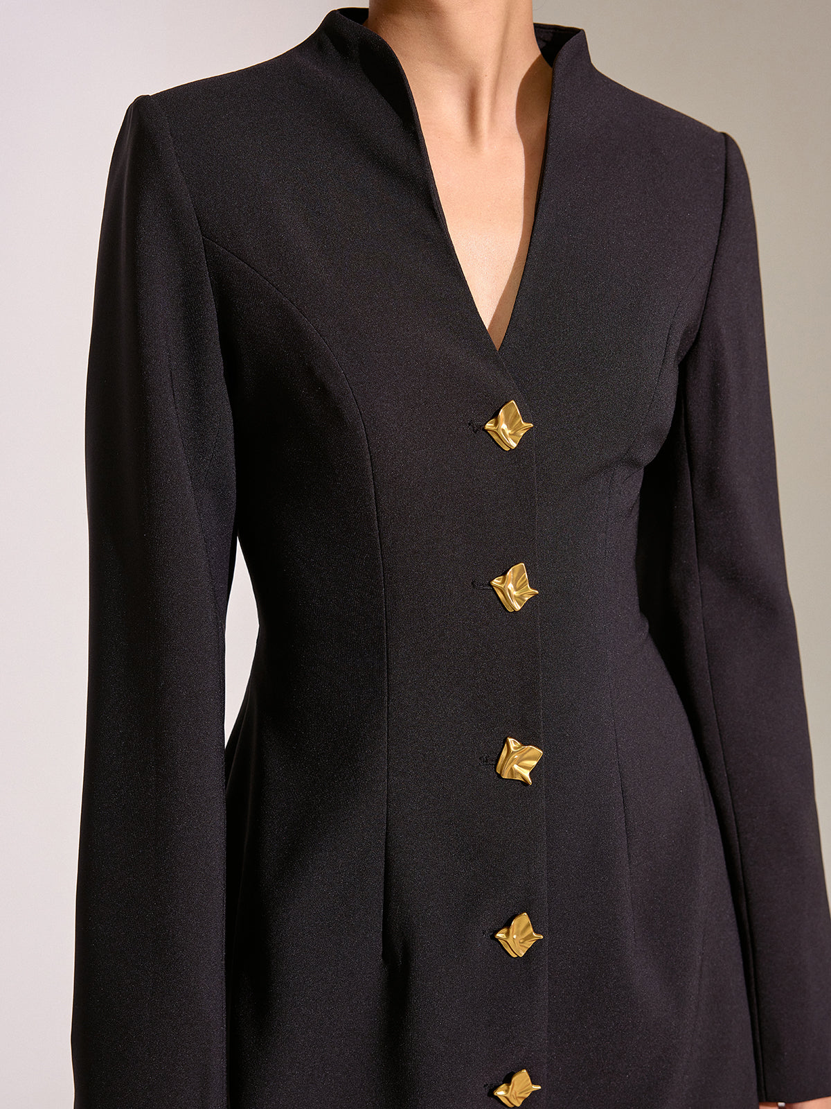 V-Neck Long Sleeve Metal Button Mini Dress-Massicos
