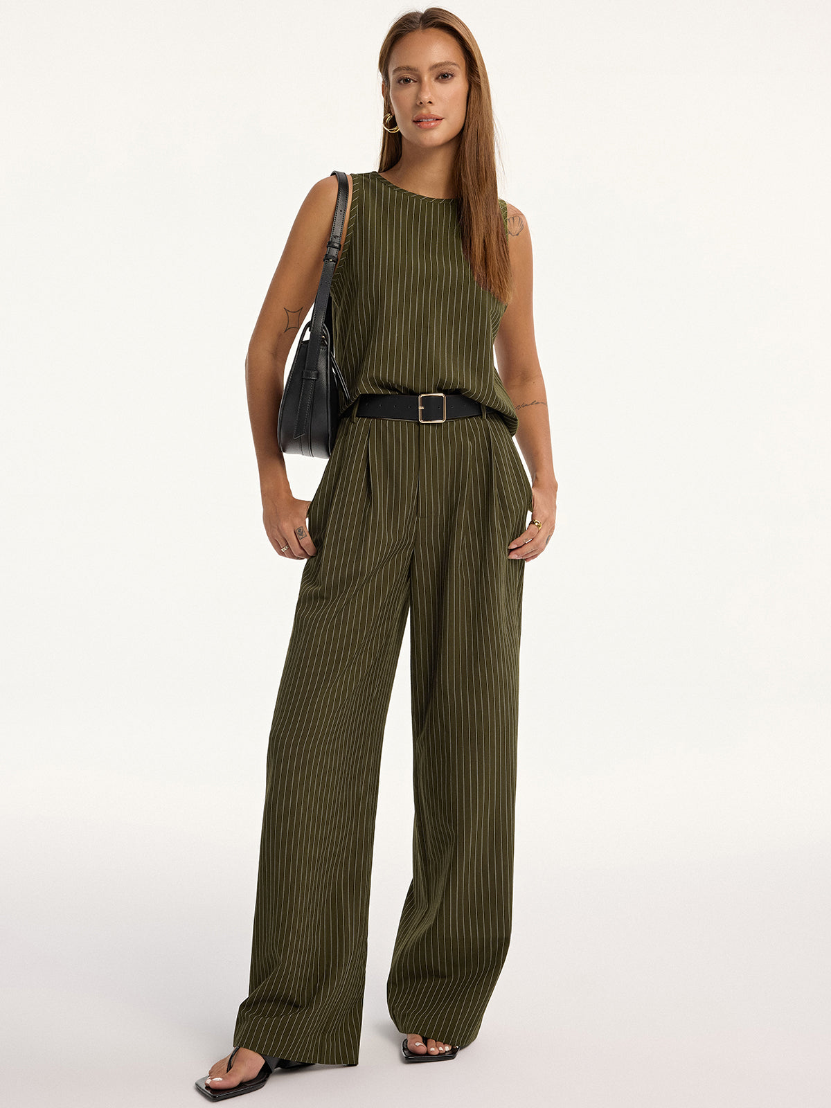 Pinstripe Sleeveless Top and Pants Set with Belt-Massicos