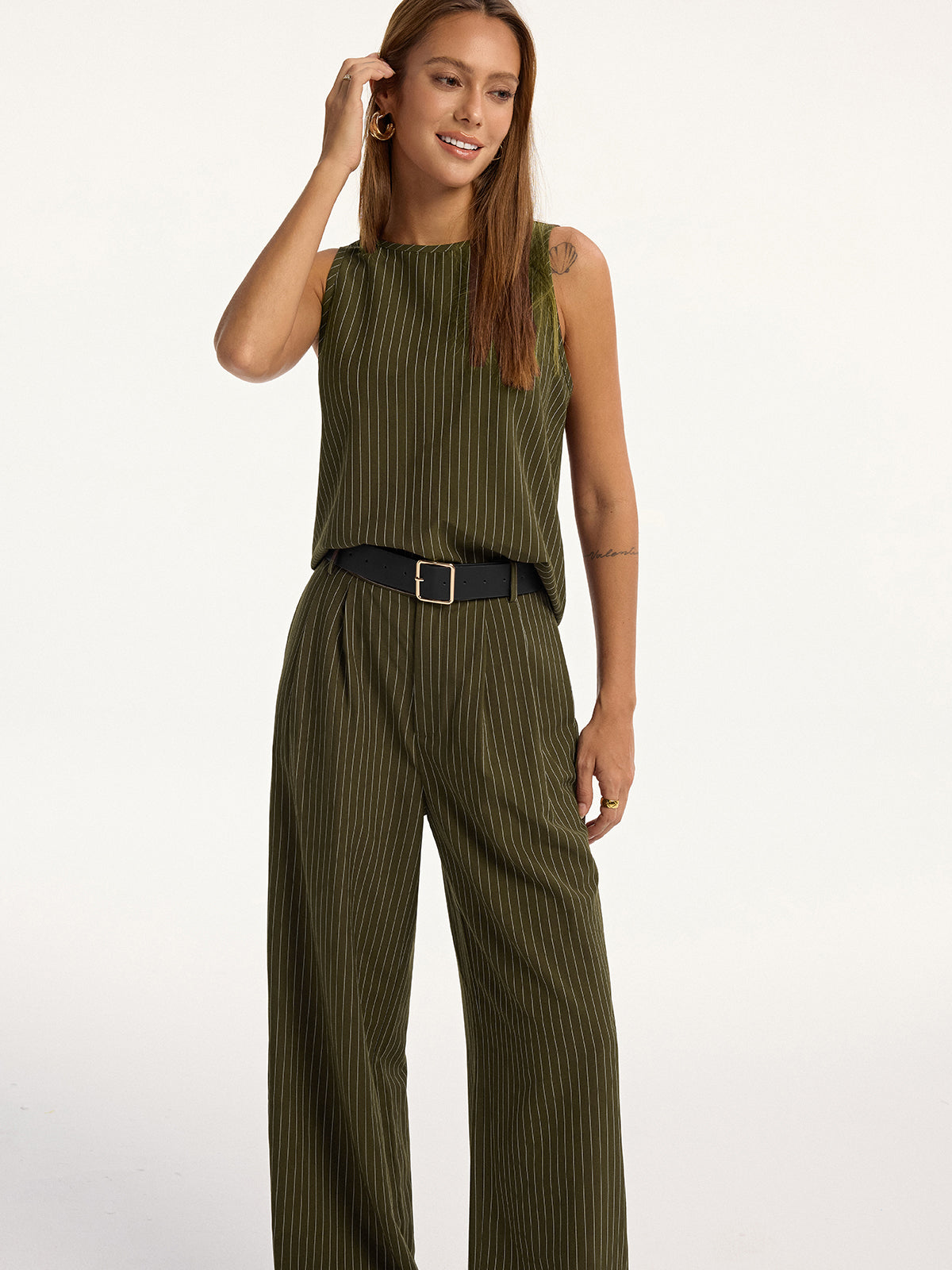Pinstripe Sleeveless Top and Pants Set with Belt-Massicos