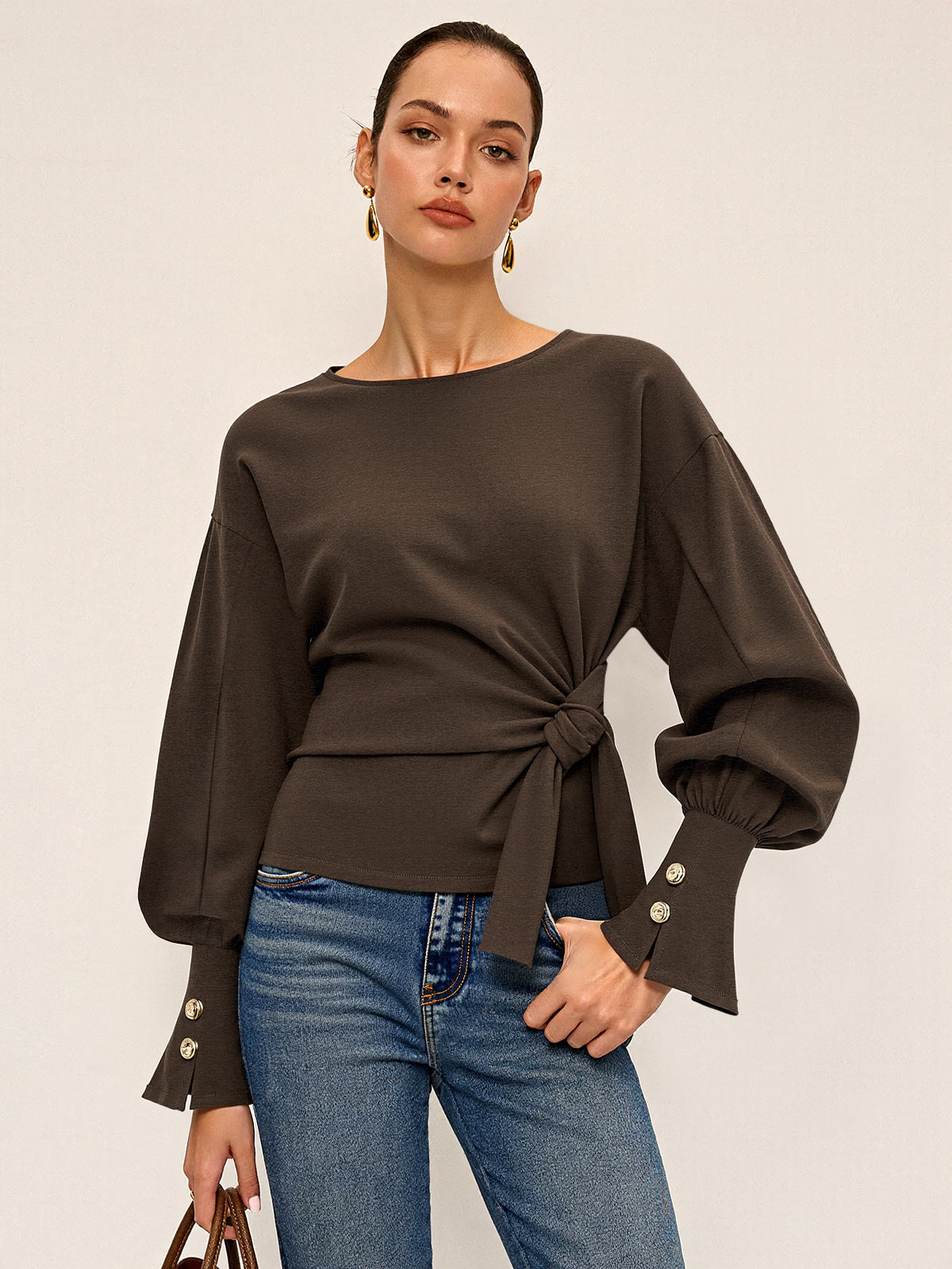 Twist Knot Balloon Sleeve Sweatshirt-Massicos