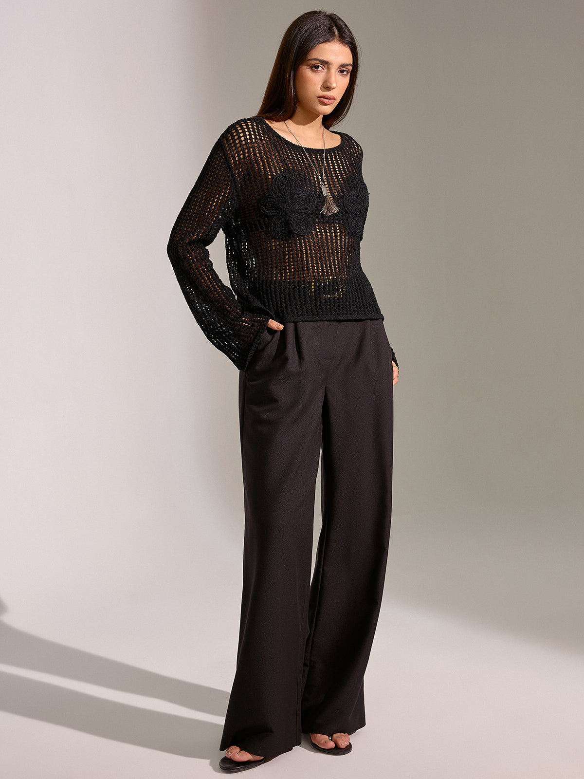 Sheer Openwork Crochet Long Sleeve Top-Massicos