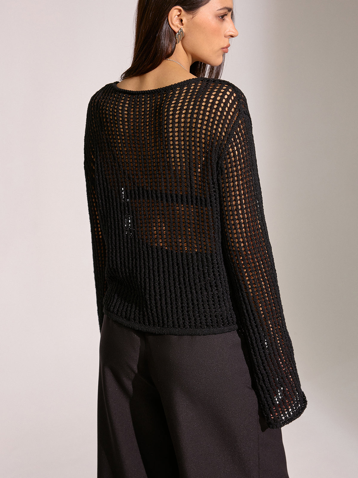 Sheer Openwork Crochet Long Sleeve Top-Massicos