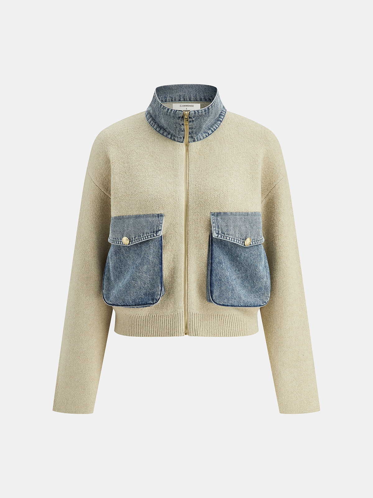Denim Panel Zipper-Form Knit Cardigan-Massicos