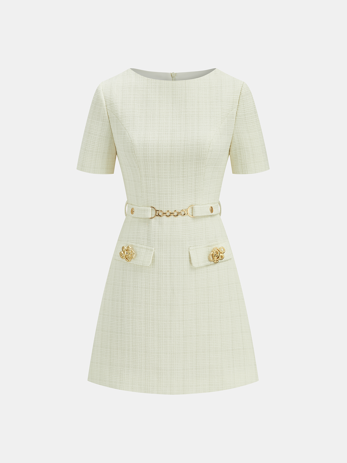 Metal Detail Tweed Belted Mini Dress-Massicos