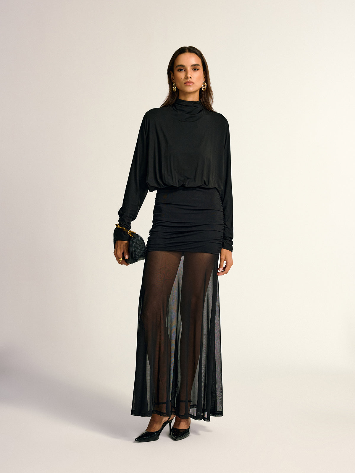 Turtleneck Long Sleeve Drape Ruched Mesh Dress-Massicos