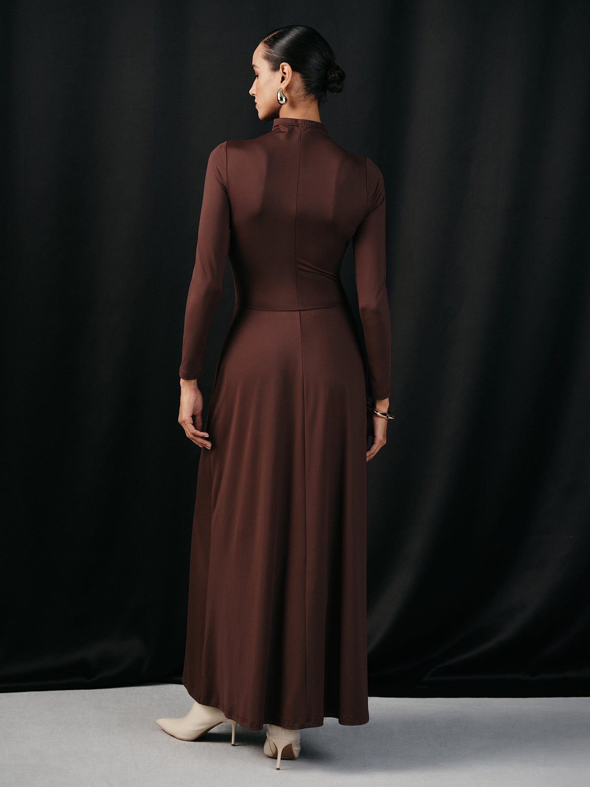 Mock Neck Corset Waist Long Sleeve Maxi Dress-Massicos