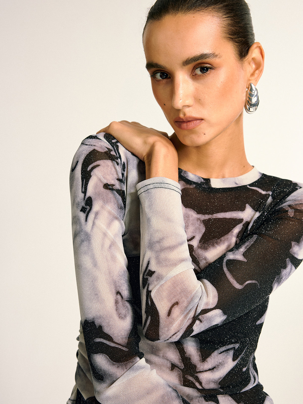 Semi-Sheer Long Sleeve Mesh Marble Print Blouse-Massicos