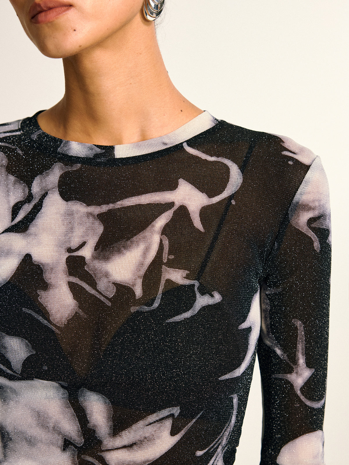Semi-Sheer Long Sleeve Mesh Marble Print Blouse-Massicos