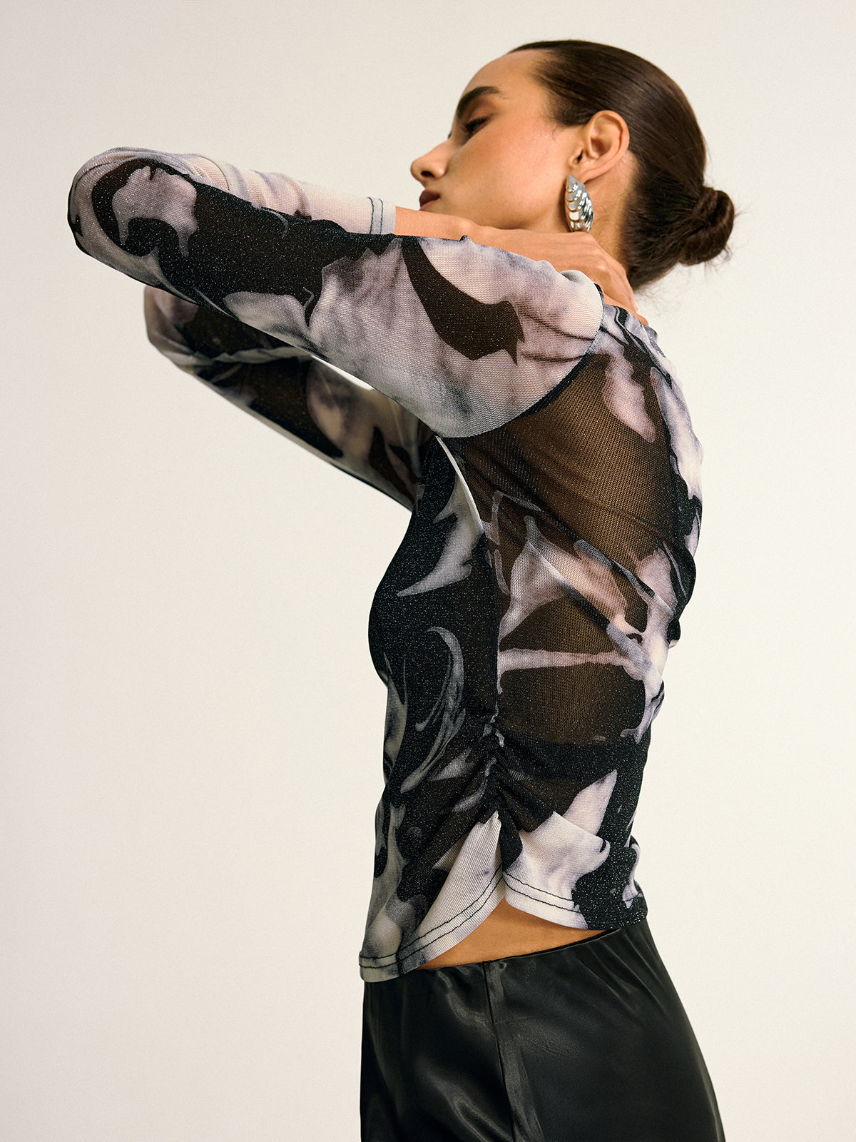 Semi-Sheer Long Sleeve Mesh Marble Print Blouse-Massicos
