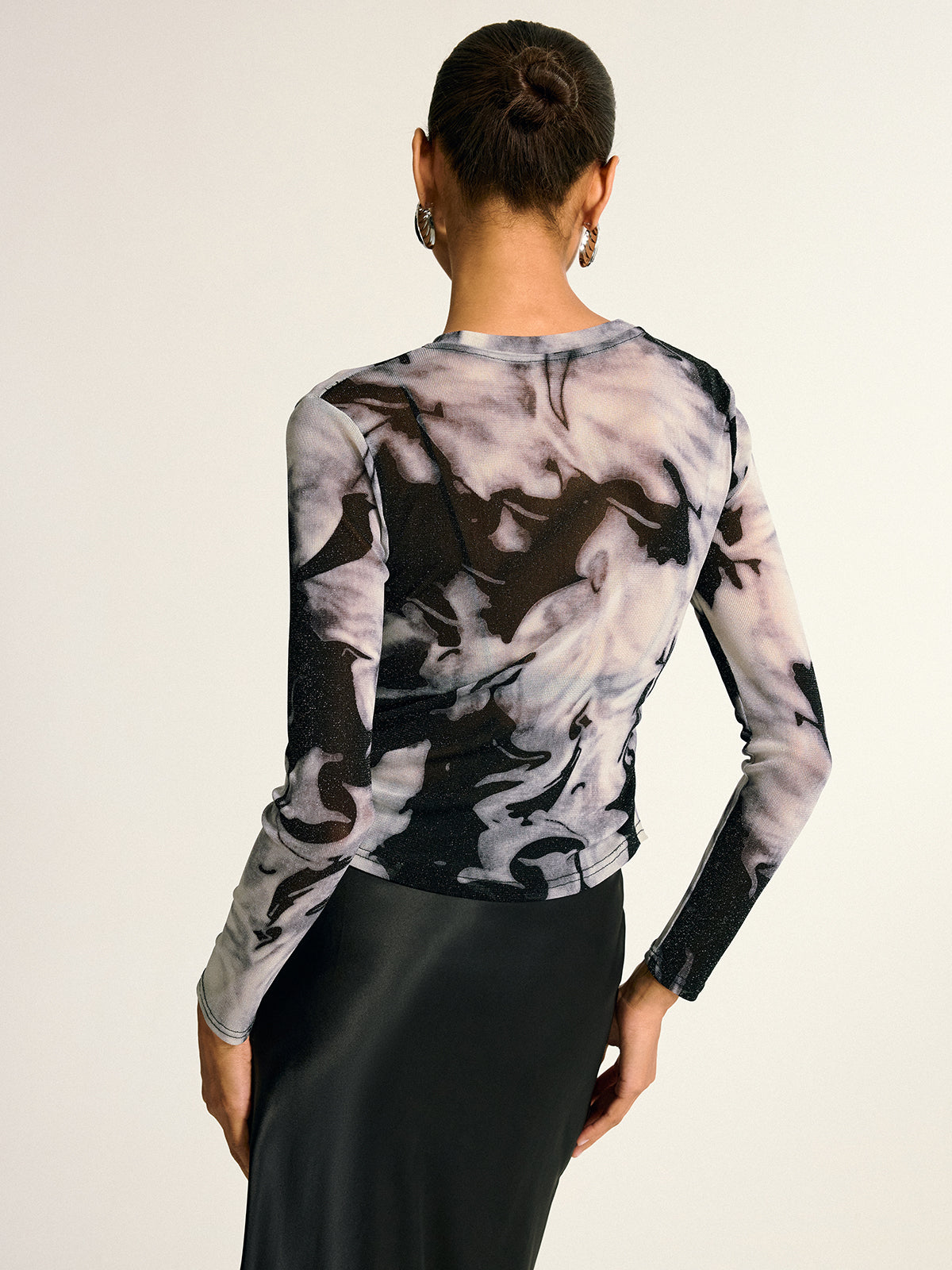 Semi-Sheer Long Sleeve Mesh Marble Print Blouse-Massicos