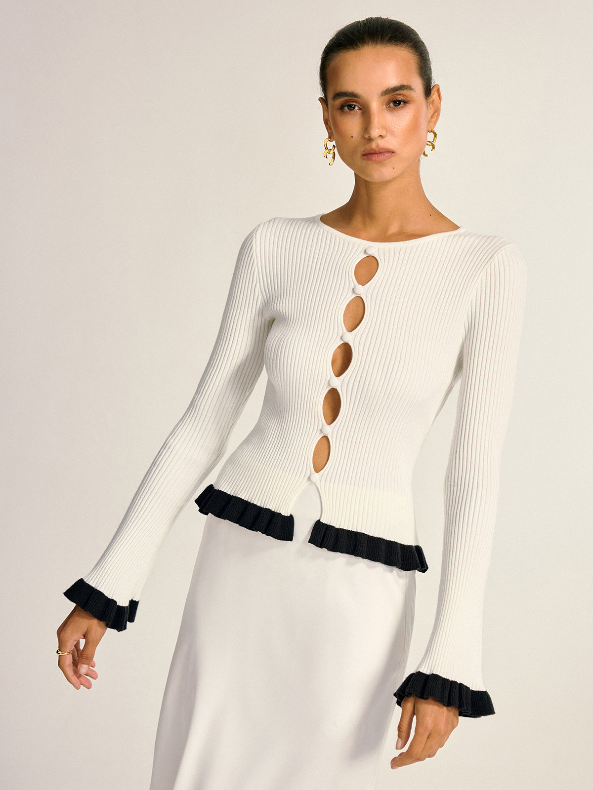Contrast Ruffle Trim Cut-Out Knit Top-Massicos