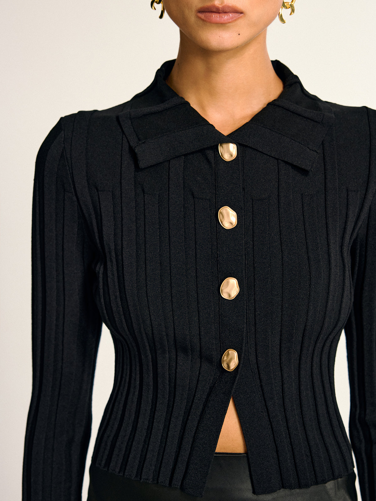 Metal Button Fitted Collared Knit Top-Massicos