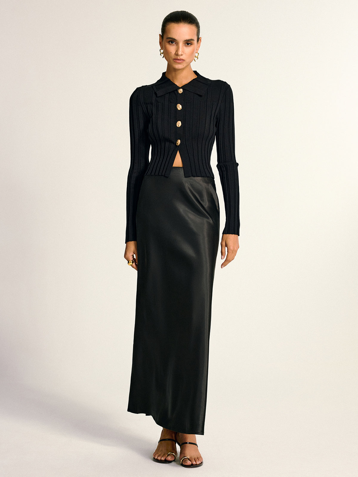 Metal Button Fitted Collared Knit Top-Massicos