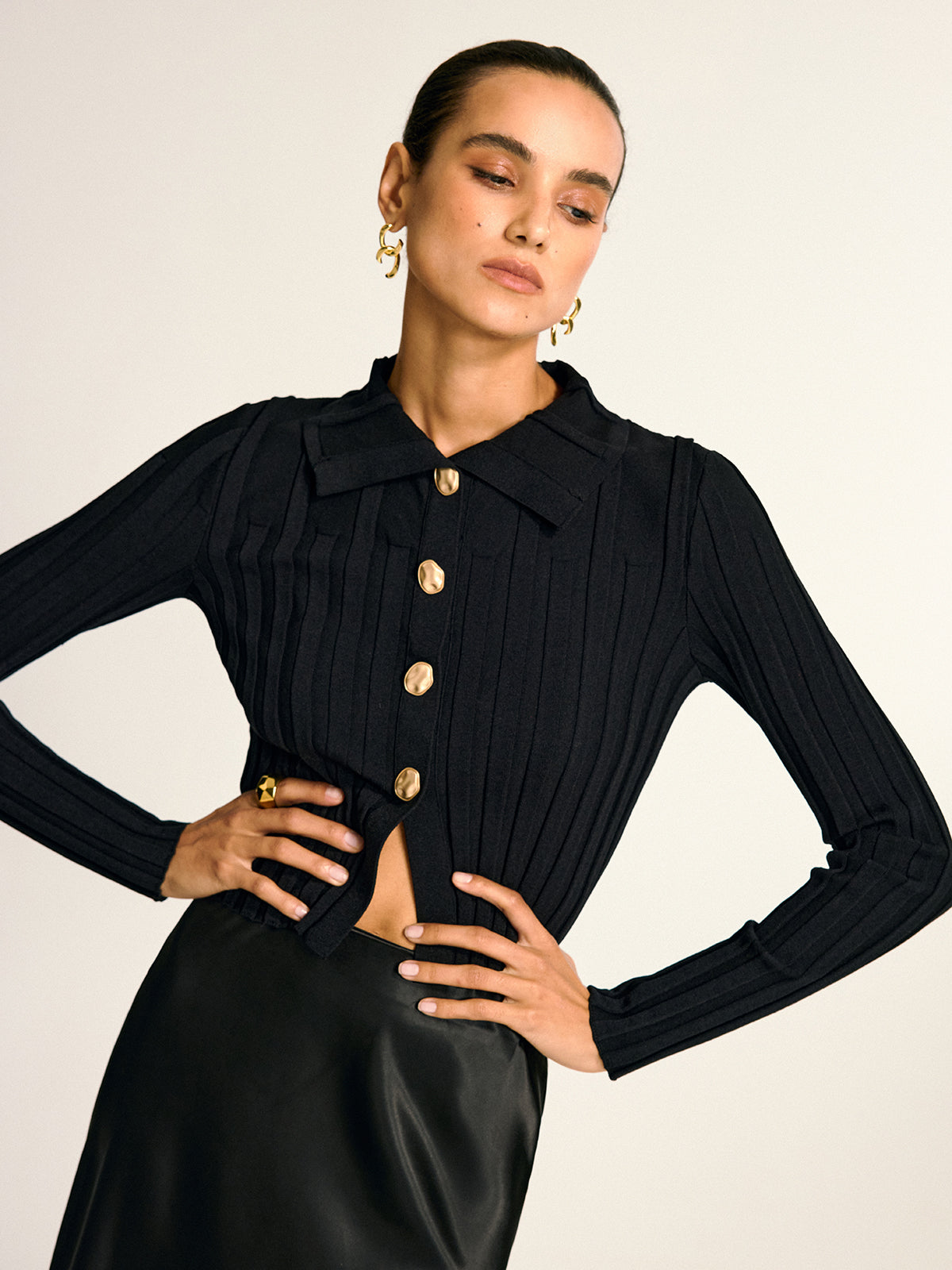 Metal Button Fitted Collared Knit Top-Massicos