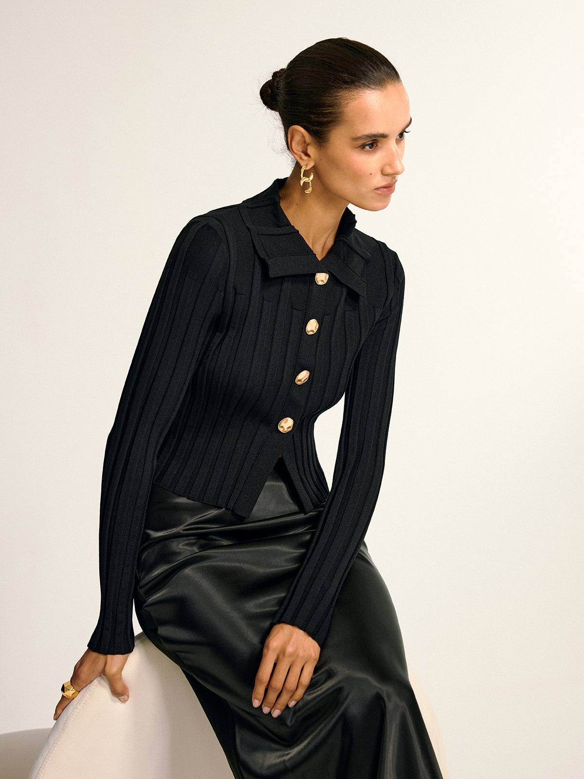Metal Button Fitted Collared Knit Top-Massicos