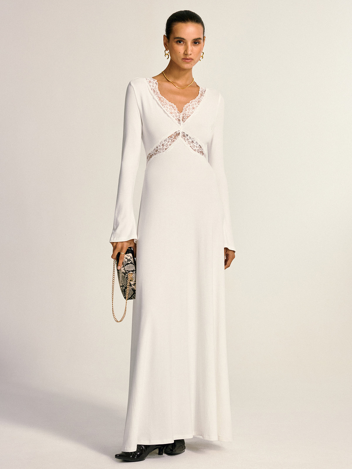Lace Cross Paneled Long Sleeve Maxi Dress-Massicos