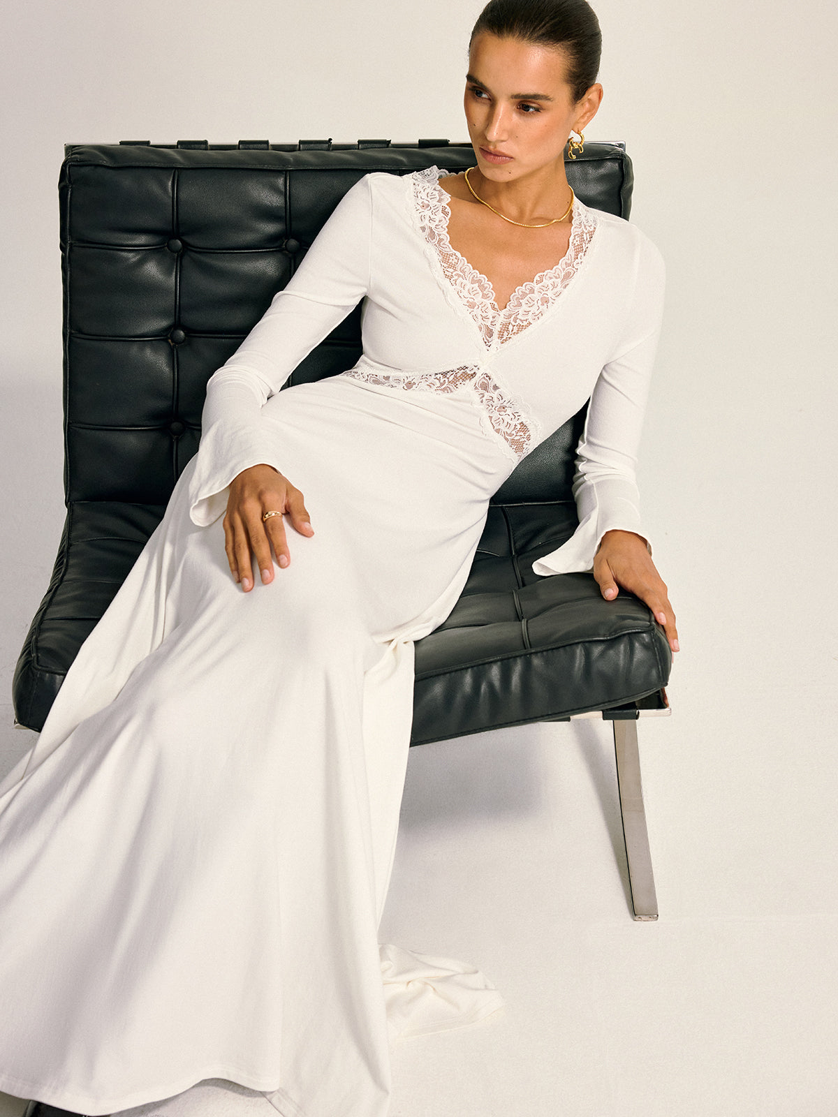 Lace Cross Paneled Long Sleeve Maxi Dress-Massicos