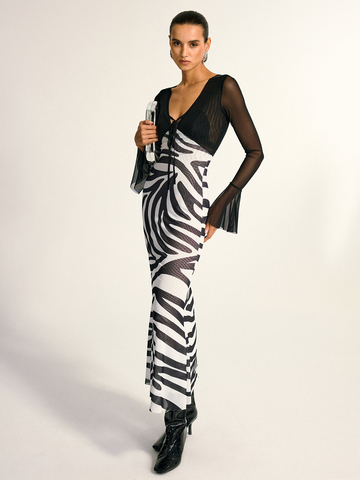 Zebra Print Mesh Maxi Dress-Massicos