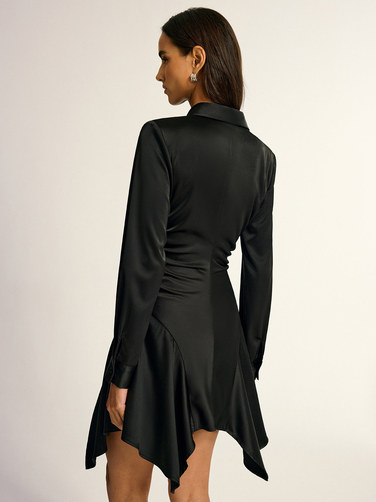 Satin Shirt Collar Ruched Asymmetrical Dress-Massicos