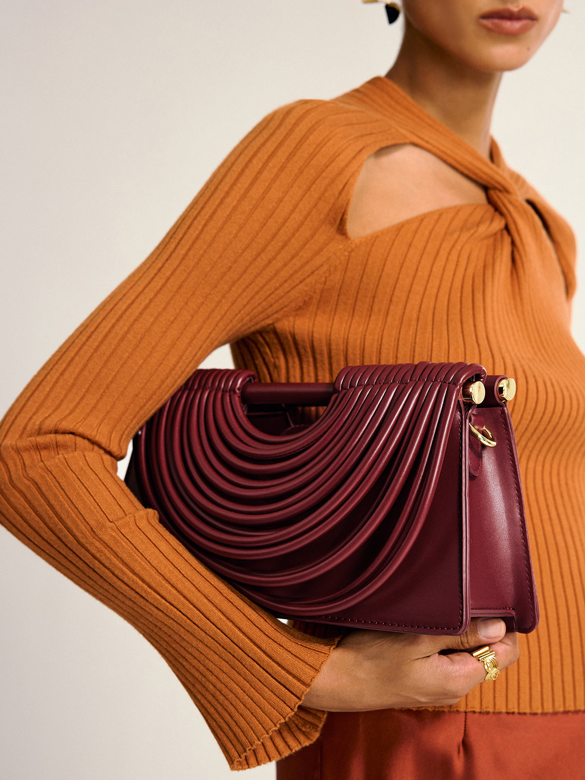 Curved Striped Handle PU Leather Bag-Massicos