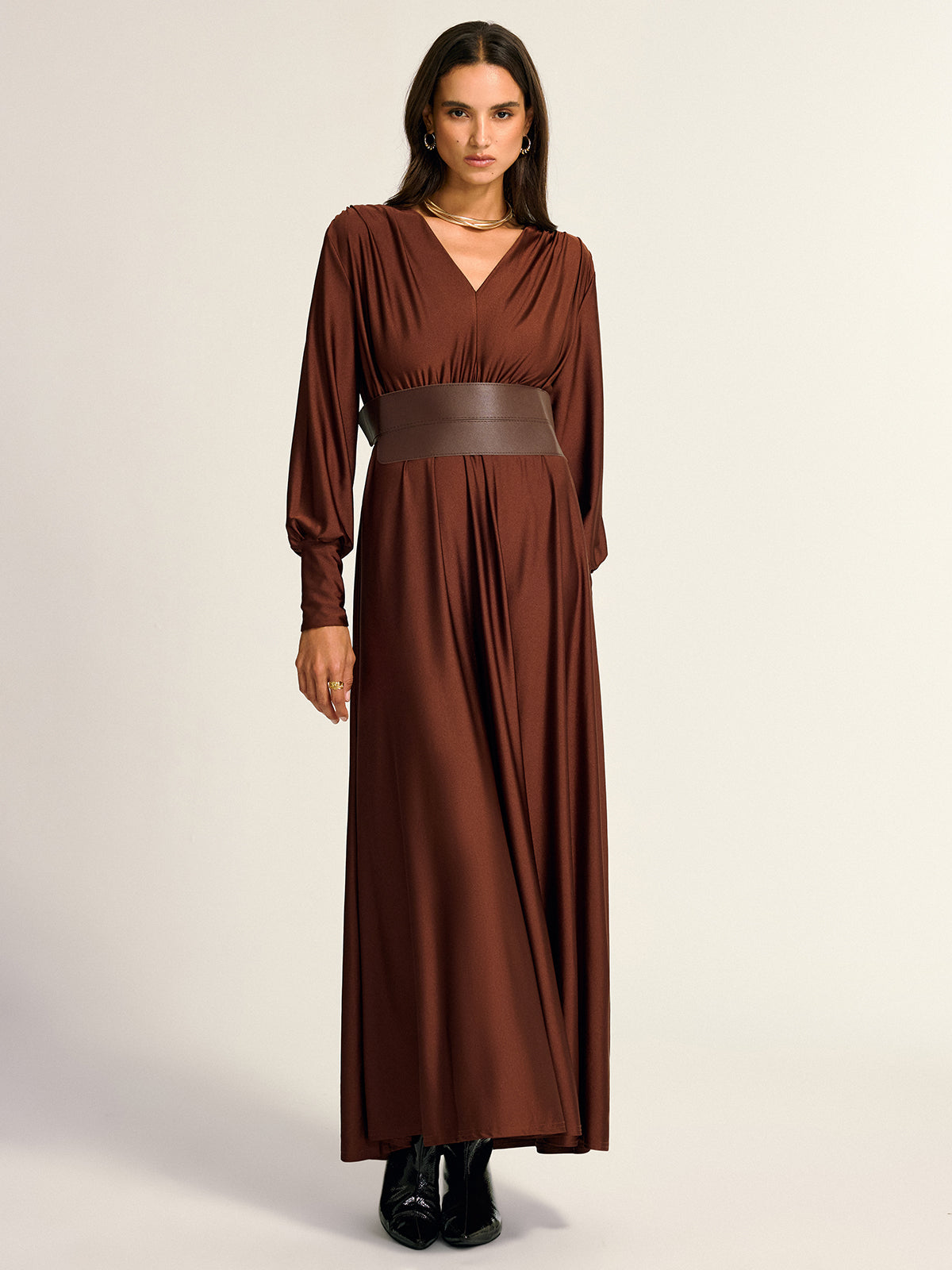 Wide Belted Long Sleeve V-Neck Maxi Dress-Massicos