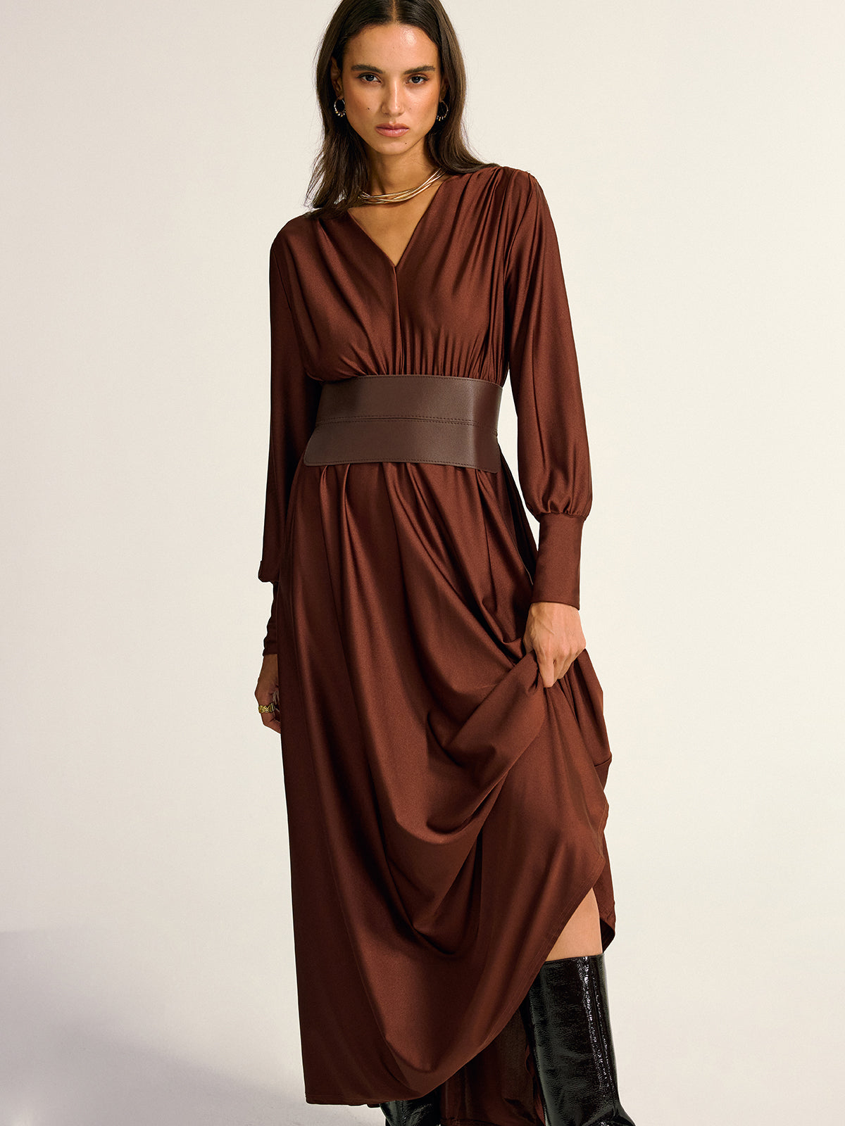 Wide Belted Long Sleeve V-Neck Maxi Dress-Massicos
