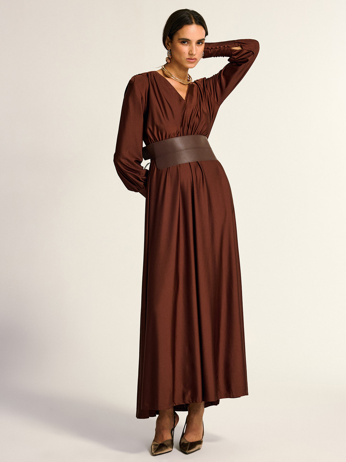 Wide Belted Long Sleeve V-Neck Maxi Dress-Massicos