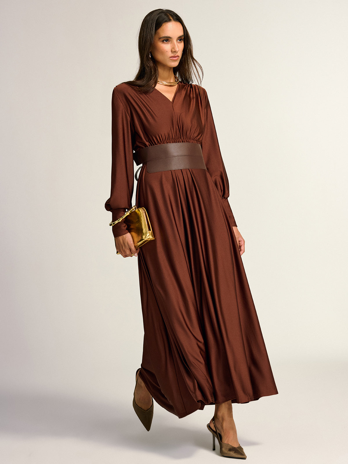 Wide Belted Long Sleeve V-Neck Maxi Dress-Massicos