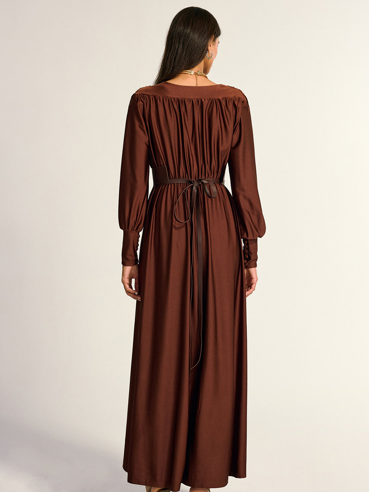 Wide Belted Long Sleeve V-Neck Maxi Dress-Massicos