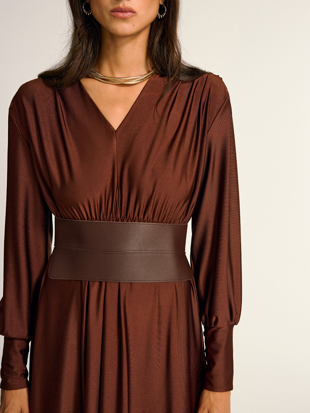 Wide Belted Long Sleeve V-Neck Maxi Dress-Massicos