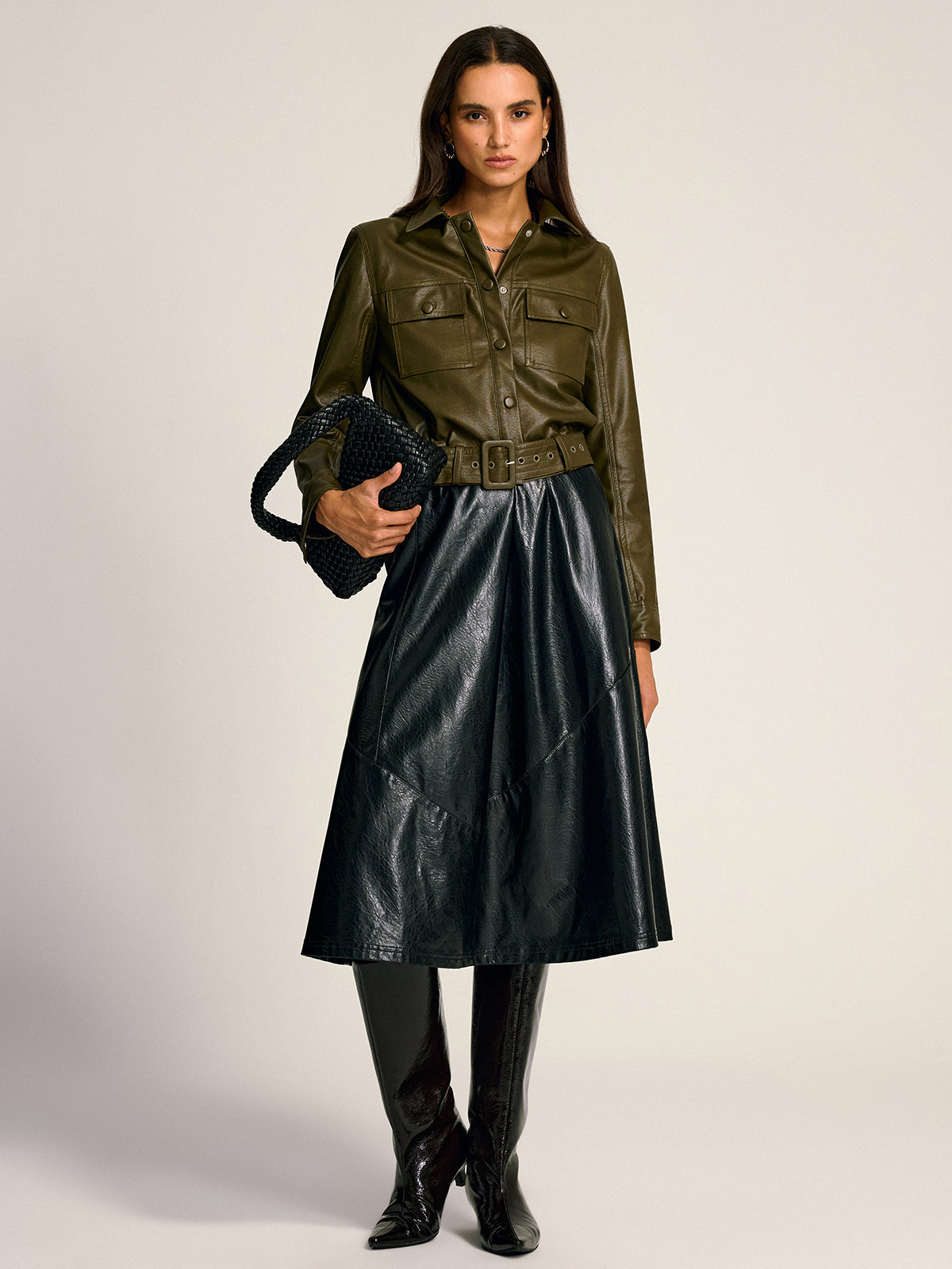 Belted PU Leather Cargo Shirt Jacket-Massicos