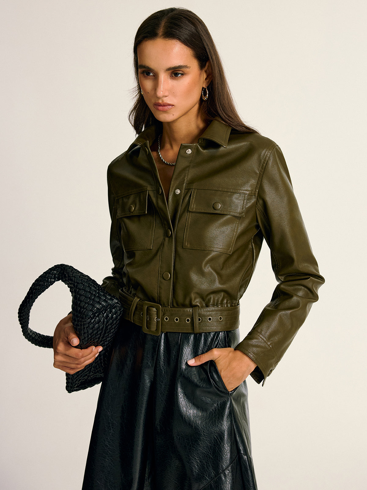 Belted PU Leather Cargo Shirt Jacket-Massicos