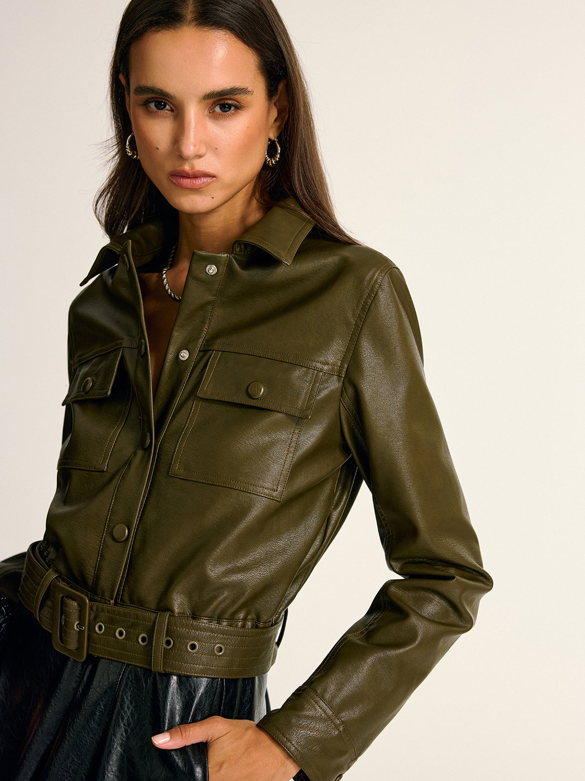 Belted PU Leather Cargo Shirt Jacket-Massicos