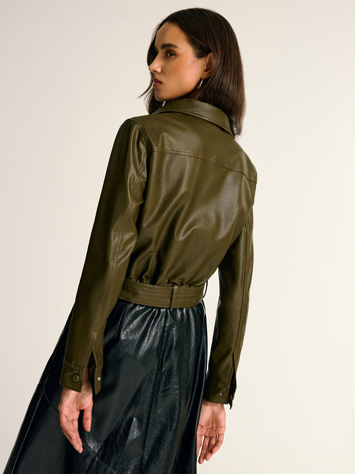 Belted PU Leather Cargo Shirt Jacket-Massicos