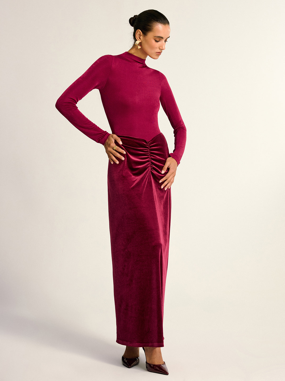 Velvet Panel Mock Neck Backless Maxi Dress-Massicos