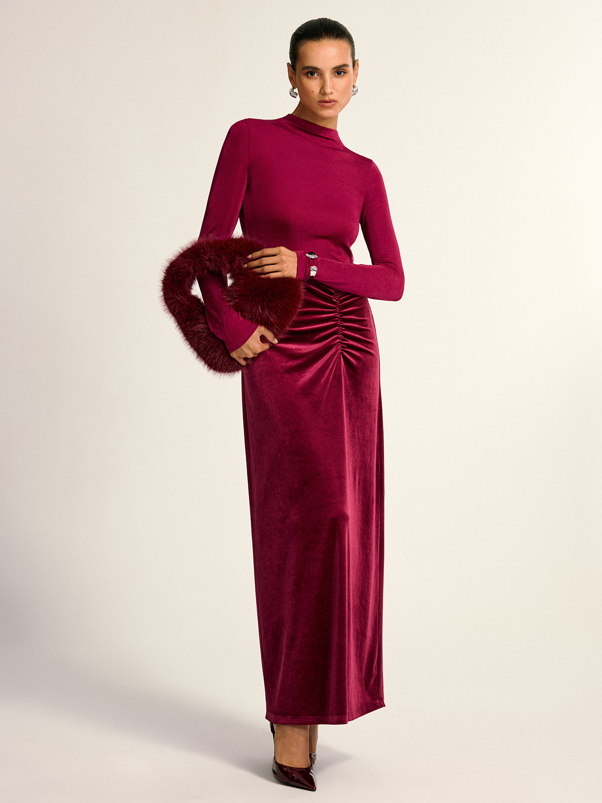 Velvet Panel Mock Neck Backless Maxi Dress-Massicos