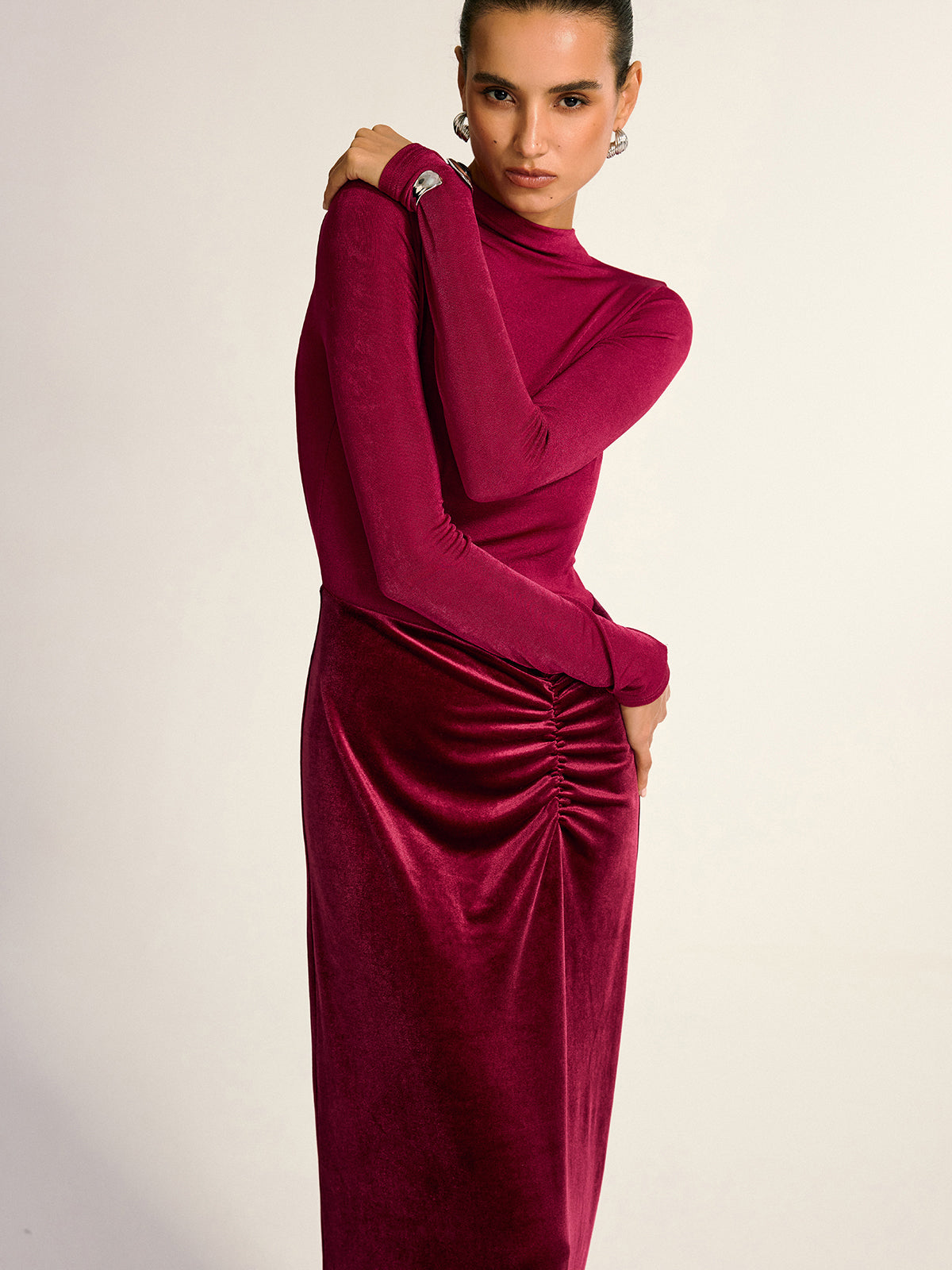 Velvet Panel Mock Neck Backless Maxi Dress-Massicos