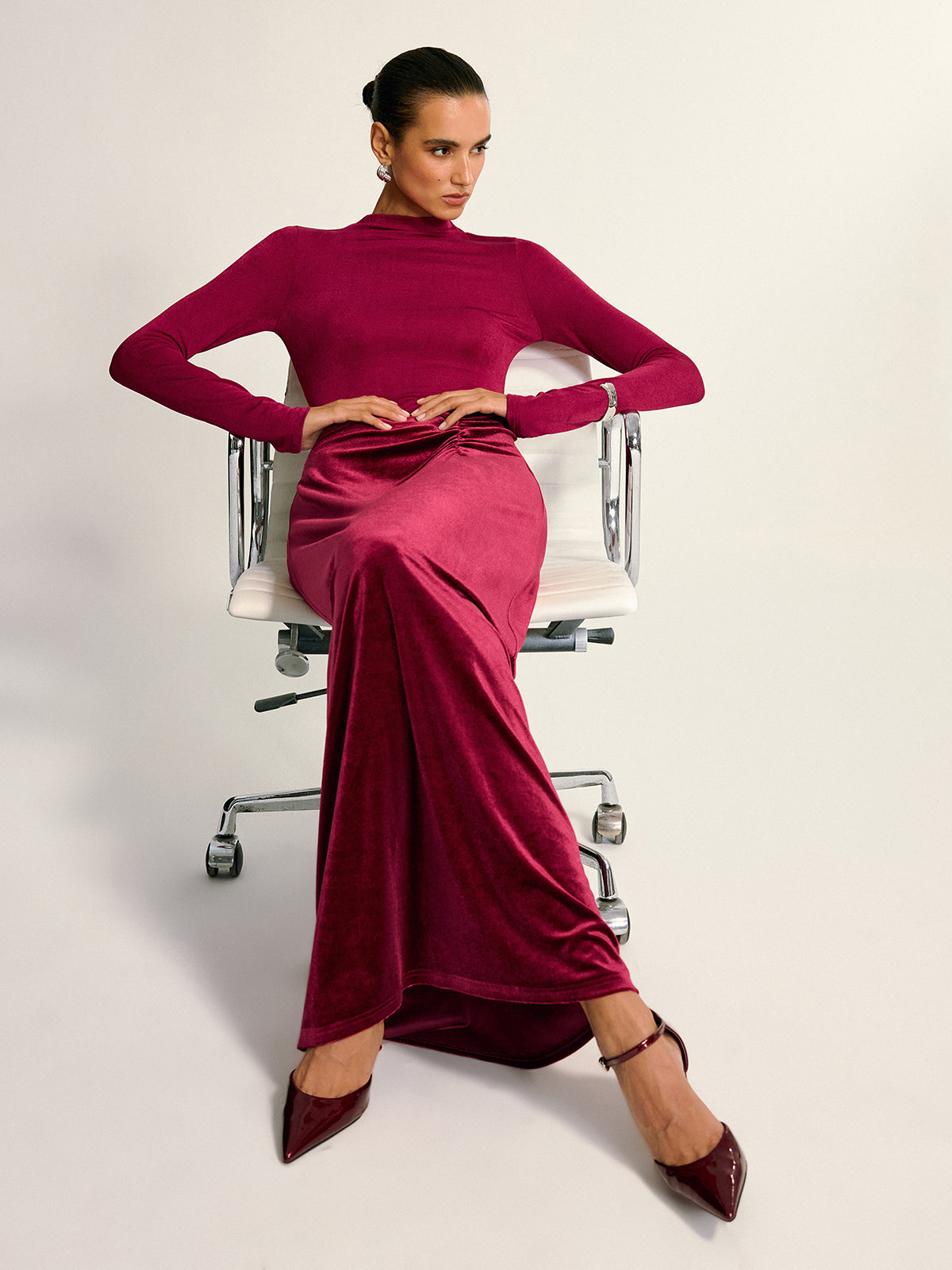 Velvet Panel Mock Neck Backless Maxi Dress-Massicos