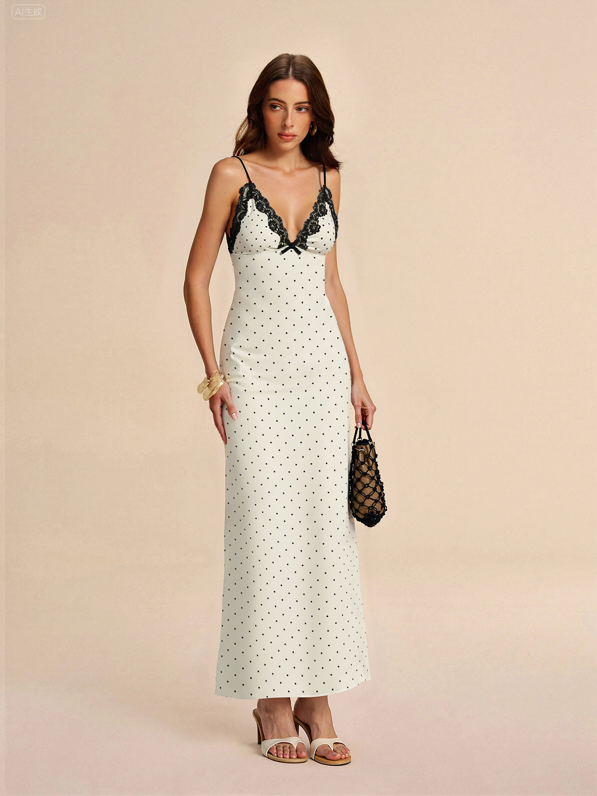 Lace Trim Polka Dot Cami Midi Dress-Massicos