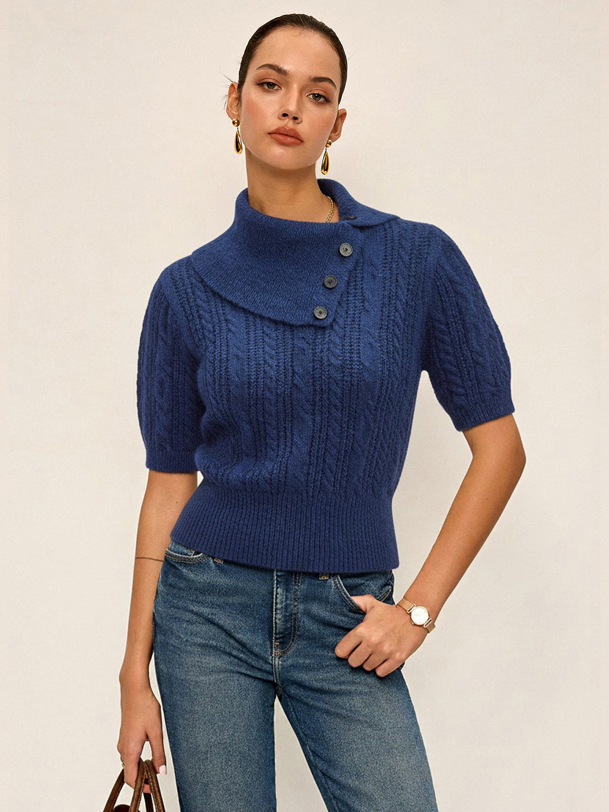 Wool Blend Large Lapel Cable Knit Sweater-Massicos