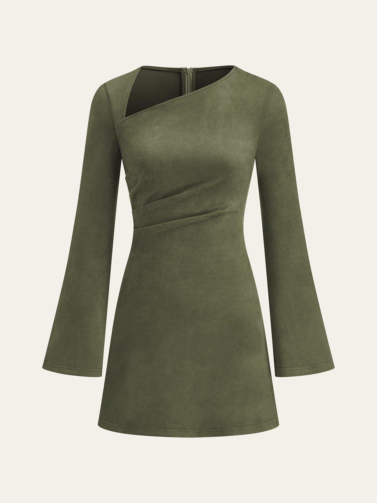 Asymmetrical Ruched Long Sleeve Suede Mini Dress-Massicos