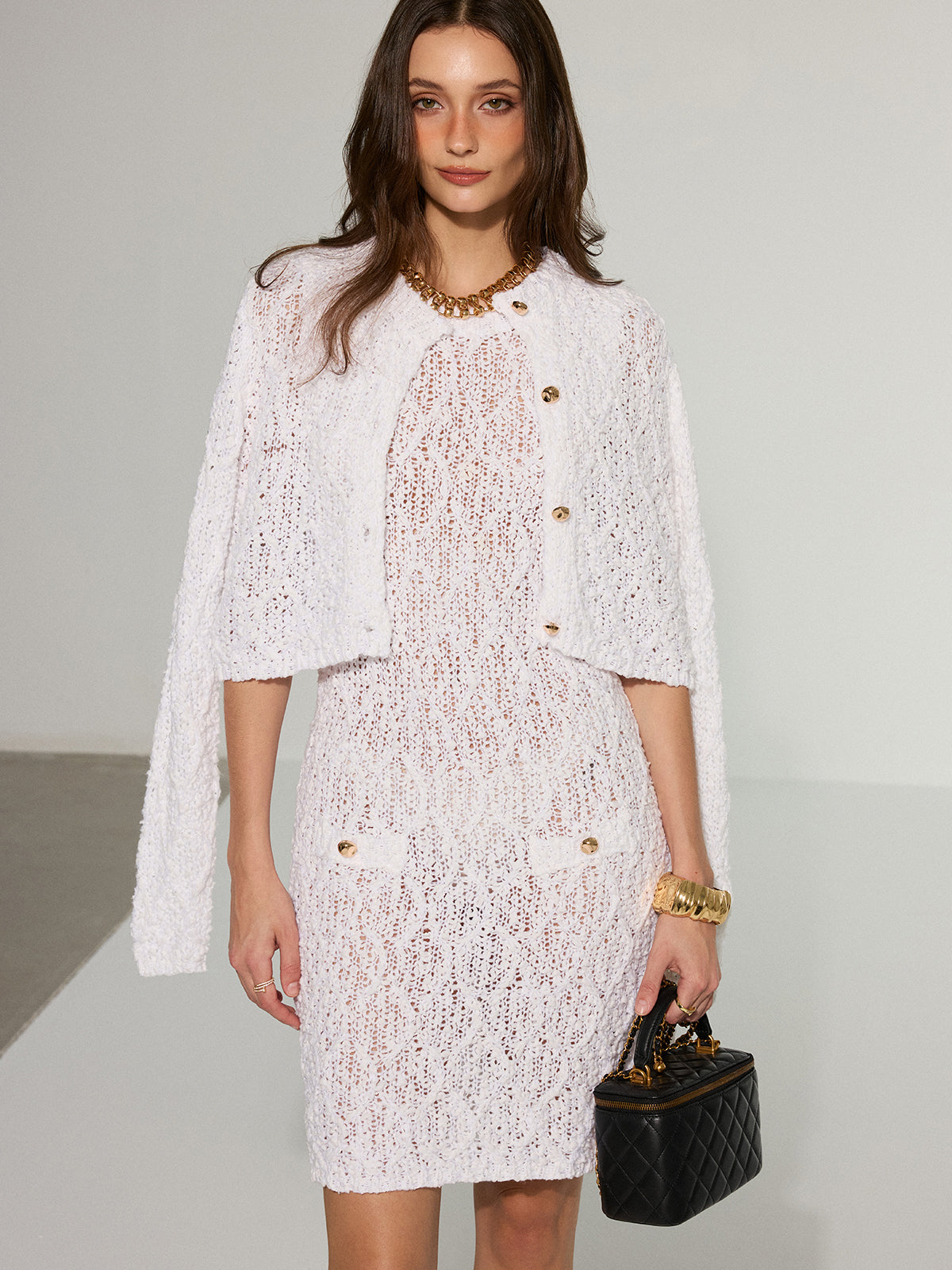 Textured Knit Cardigan and Dress Two-Piece Set-Massicos