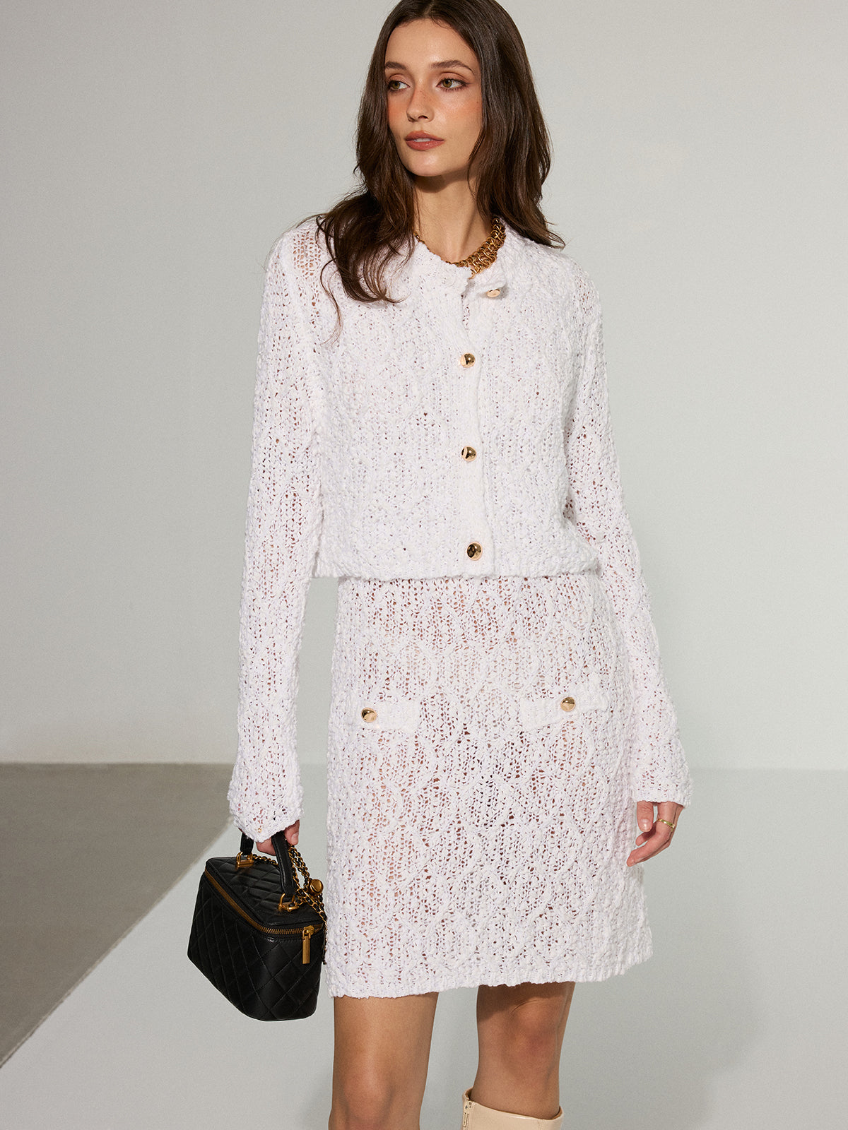 Textured Knit Cardigan and Dress Two-Piece Set-Massicos