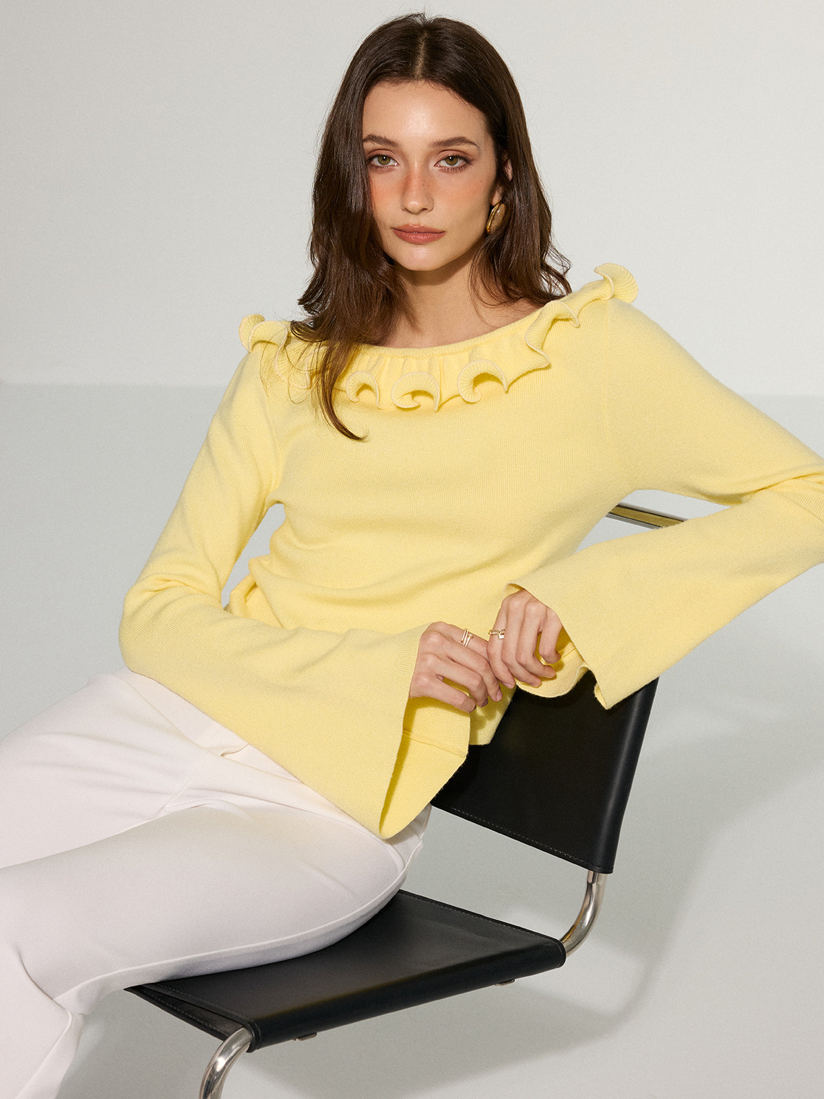 Off-Shoulder Ruffled Collar Flared Sleeve Sweater-Massicos