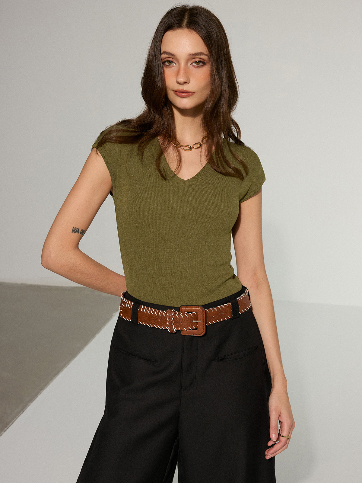 V-Neck Cap-Sleeve Knit Top-Massicos