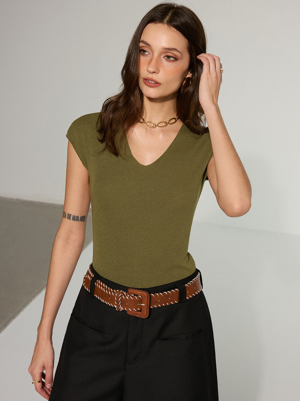 V-Neck Cap-Sleeve Knit Top-Massicos