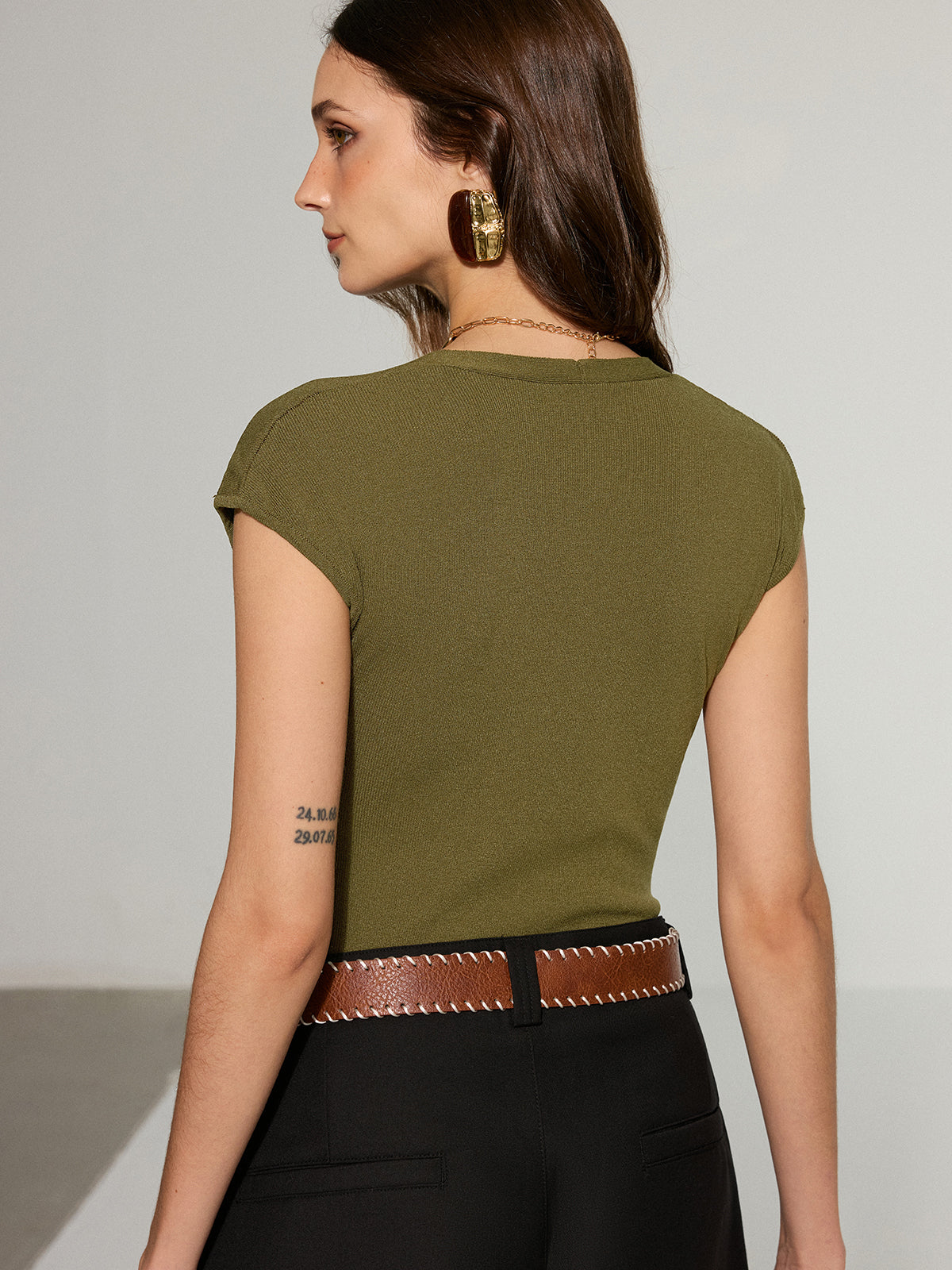 V-Neck Cap-Sleeve Knit Top-Massicos